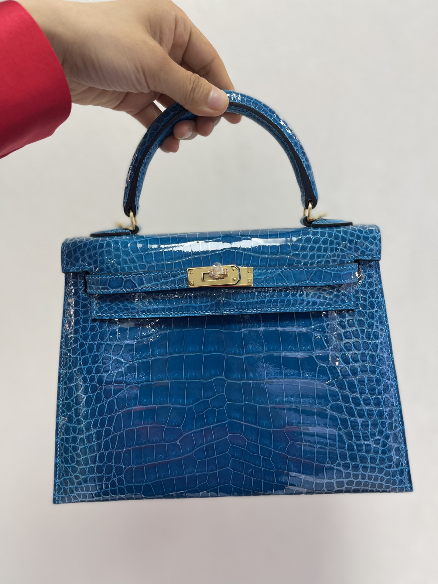 Hermes Kelly 25cm Handbag Shoulder Bag In Blue Electric Shiny Crocodile Niloticus Leather